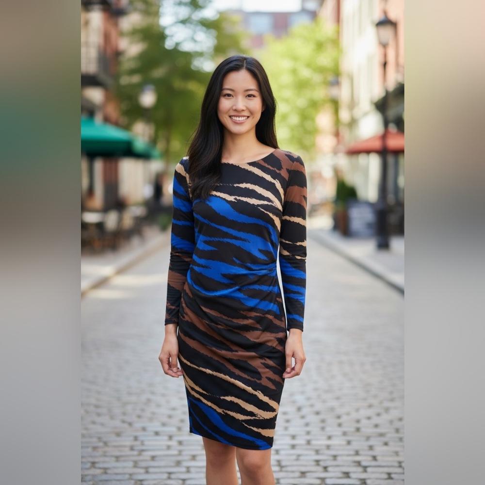 David Meister sz 8 blue brown black animal tiger print sheeth rouche waist dress